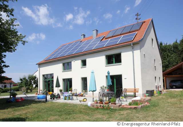 Niedrigenergiehaus mit Solarenergie und Garten bei Sonnenschein