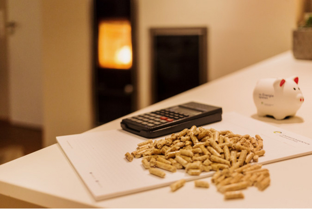 Taschenrechner, Sparschwein und Pellets liegen vor einem brennenden Pelletsofen