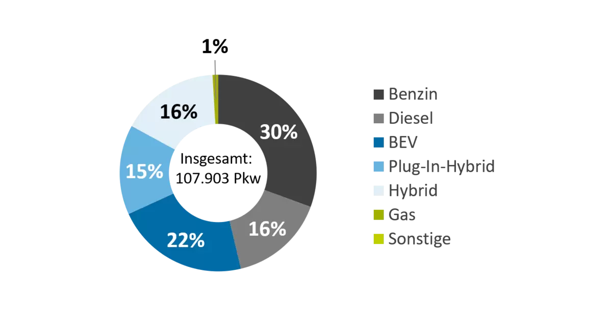 Das Kreisdiagramm zeigt den Anteil verschiedener Kraftstoffarten bei den Neuzulassungen in RLP im Jahr 2022
