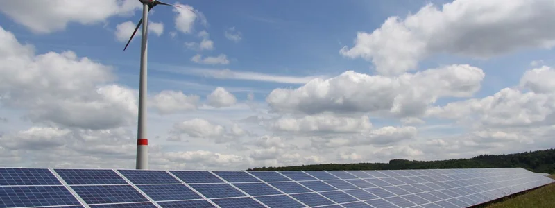 Im Vordergrund steht eine Freiflächen-Photovoltaik-Anlage und im Hintergrund ein Windrad