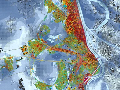 Karte von Ludwigshafen mit unterschiedlichen Färbungen, die die unterschiedliche Wärmebelastungen zeigen