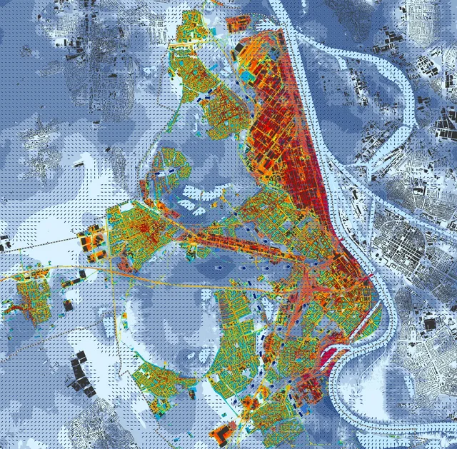 Karte von Ludwigshafen mit unterschiedlichen Färbungen, die die unterschiedliche Wärmebelastungen zeigen