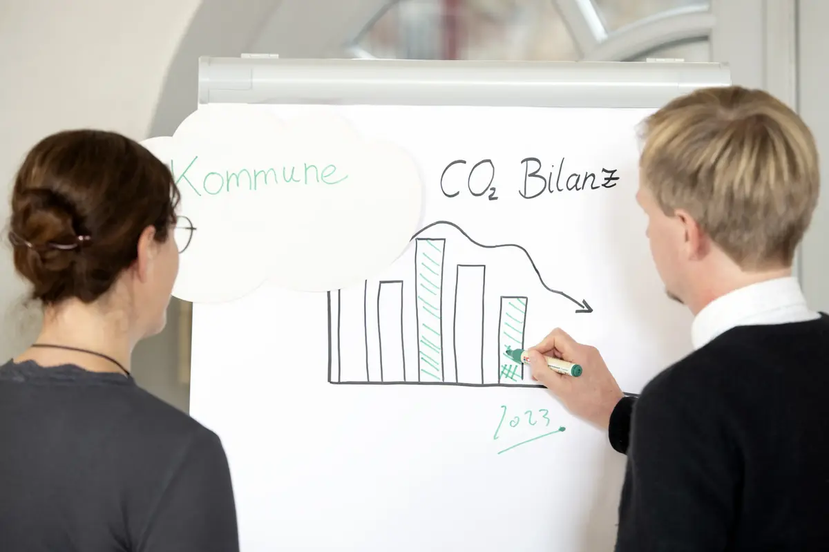 Eine Person steht an einem FlipChart und zeigt auf eine Grafik, die die Senkung der CO2-Bilanz zeigt. Andere Personen sitzen am Tisch und hören zu.