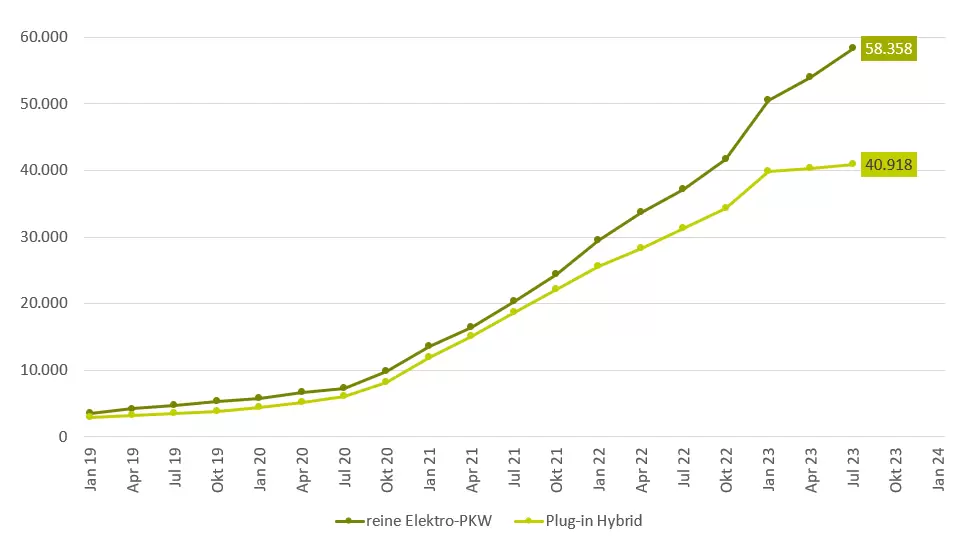 Die Kurvengrafik zeigt die Entwicklung des Bestandes an E-Pkw in Rheinland-Pfalz seit 2019