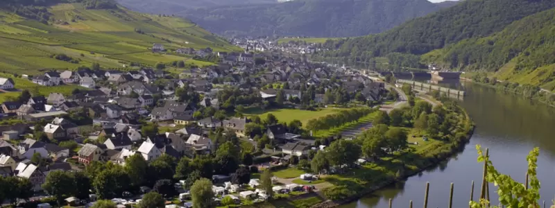 Landschaftsbild mit Fluss, Kommune und Weinbergen