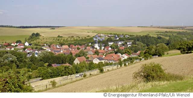 Blick auf eine Kommune mit umgebender Landschaft