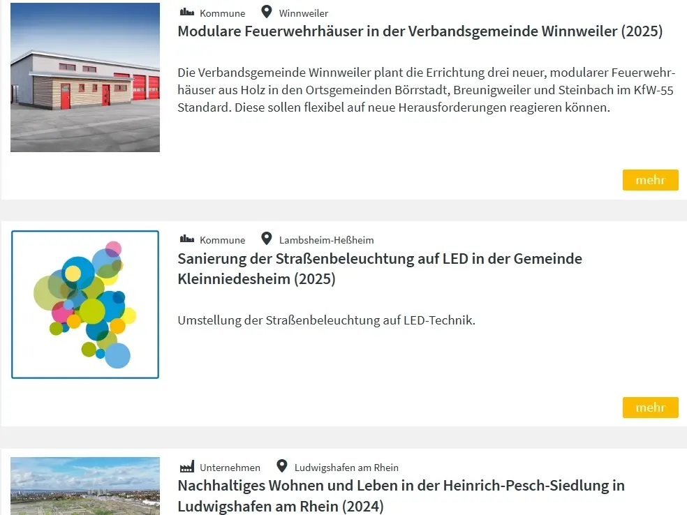 screenshot aus dem Energieatlas Rheinland-Pfalz, Rubrik Praxisbeispiele