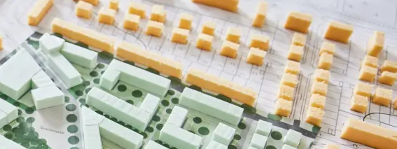 Das Modell einer Stadt liegt auf dem Tisch, daneben das Baugesetzbuch