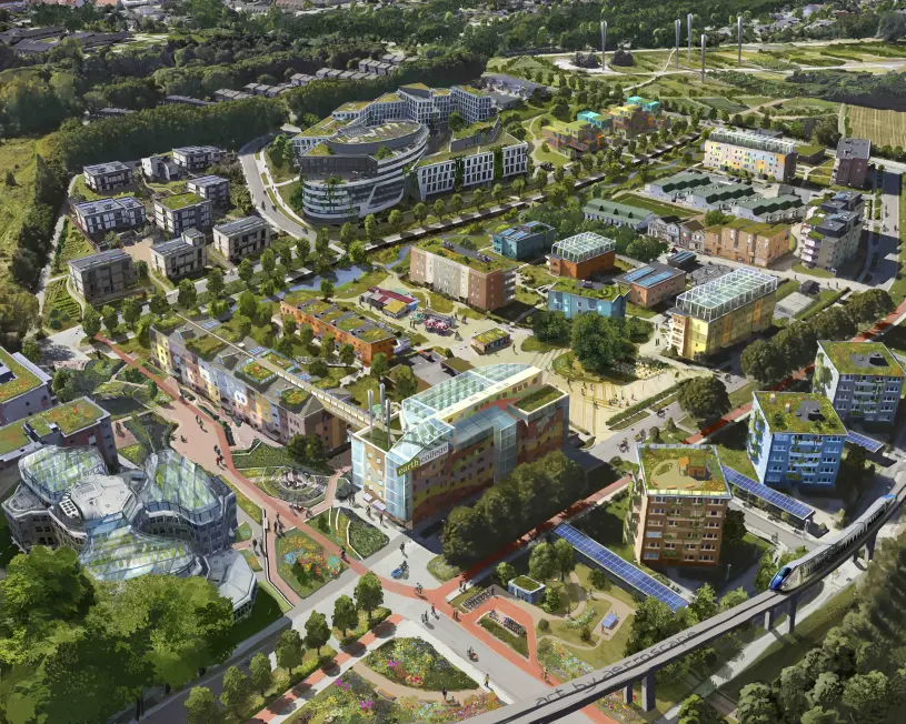 Darstellung eines utopischen Uni-Campus, des “Earth College” im Jahr 2048. Basierend auf Satellitenbildern von Google Earth von 2020 wurde die Stadtszene in Malmö entsprechend verändert, um eine futuristische Unistadt der Nachhaltigkeit, Schönheit und Lebendigkeit darzustellen.